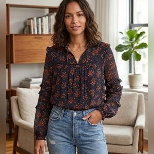 ANN Taylor Floral Navy Blue and Orange Blouse